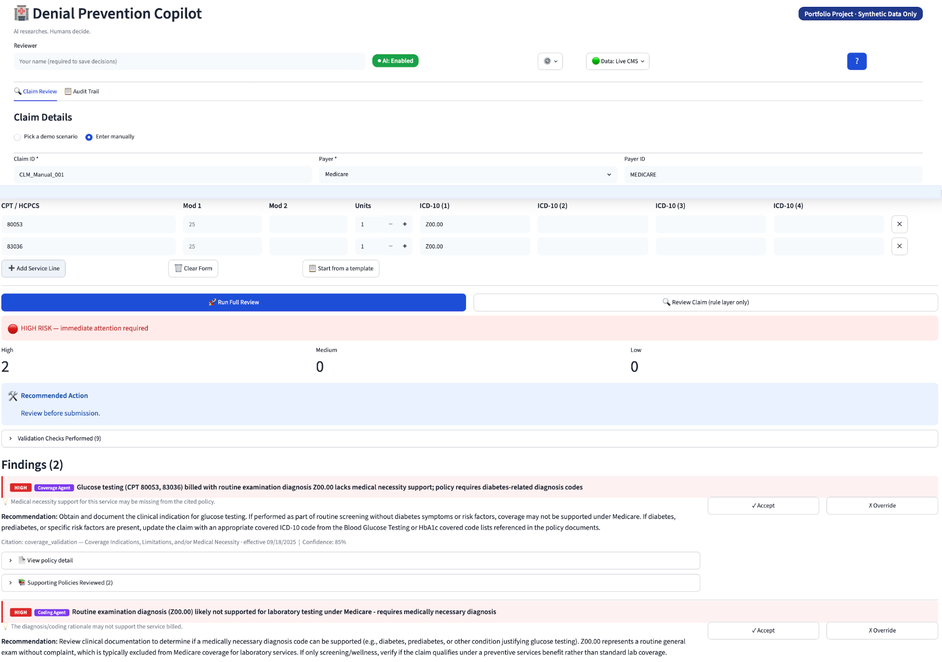 Live Denial Prevention Copilot app screenshot showing manual claim review, high-risk findings, AI-enabled review, recommended action, and audit trail workflow.